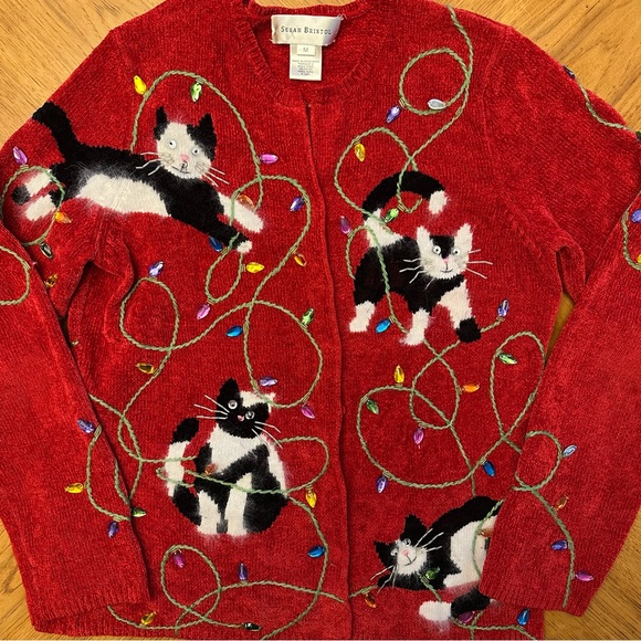 Vintage Susan Bristol Sweater Cats Christmas Cardigan Button Up Women’s Medium - Picture 5 of 12